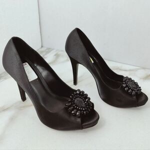 NWT Apt. 9 Aparden Black Satin Beaded Open Toe Heels Pumps, Sz 9.5